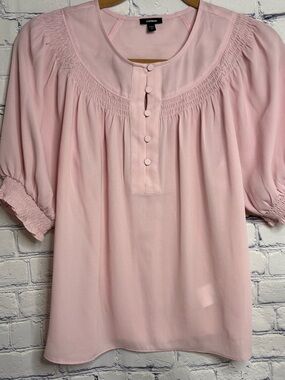 Express Pale Pink Puff Sleeve Smocked Casual Office Feminine Sheer Top XS